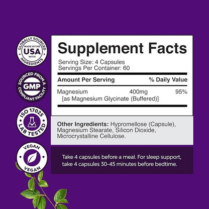 Pure Magnesium Glycinate Supplement 400mg Per Serving - Vegan High Absorption Chelated Magnesium Capsules for Women & Men with Elemental 400mg for Mood Sleep and Relaxation Support - 240 Count
