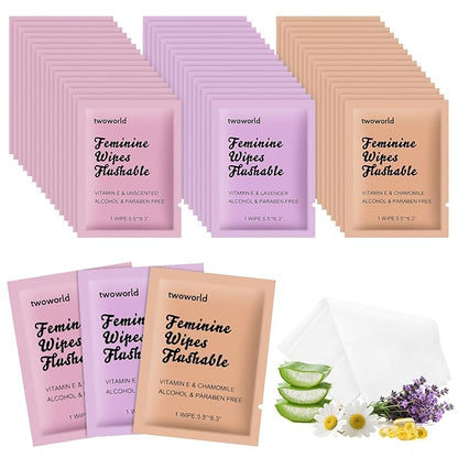 Feminine Wipes Individually Wrapped, Flushable Wipes Travel,Feminine Care Vaginal Wipes for Adult,Women, Girl and Homeless (Pack of 60,Unscented,Lavender and Chamomile)