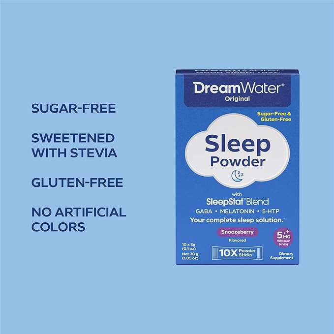 Dream Water Sleep Powder, Sugar-Free, Gluten-Free, Natural Flavors; Blend of 3 Ingredients, GABA, 5mg Melatonin, 5-HPT; Snoozeberry Flavor 10ct