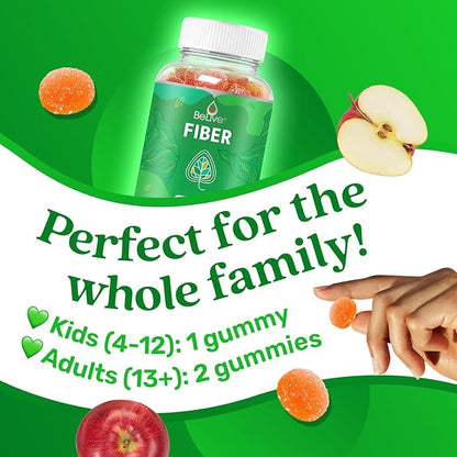BeLive Fiber Gummies - Prebiotic Fiber Supplement with Chicory Root & Inulin for Digestive Support & Overall Gut Health I Vegan, Sugar Free Gummies for Adults & Children | 60 Ct - Apple Flavor
