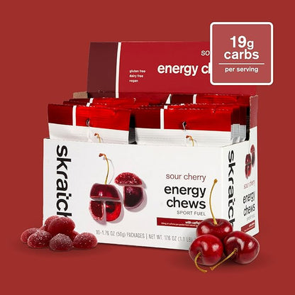 Skratch Labs Energy Chews with 50mg Caffeine | Caffeinated Gummies for Running, Cycling & Endurance Quick Carbs, Easy to Digest | Sour Cherry 10 Pack | Gluten Free, Vegan
