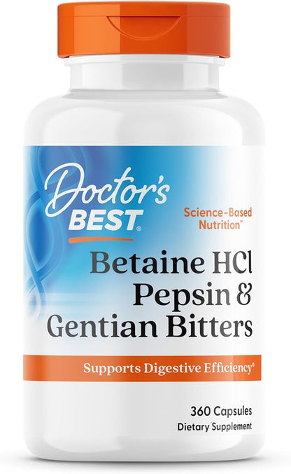 Doctor's Best Betaine HCI Pepsin & Gentian Bitters, Digestive Enzymes for Protein Breakdown & Absorption, Non-GMO, Gluten Free, 360 Count (Pack of 1)