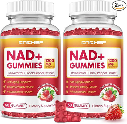 NAD+ Gummies, 1200mg Liposomal NAD Supplement for Women & Men with Trans-Resveratrol & Black Pepper Extract Anti-Aging Supplement, Brain & Cellular Mitochondrial Health - 120 Gummies Strawberry