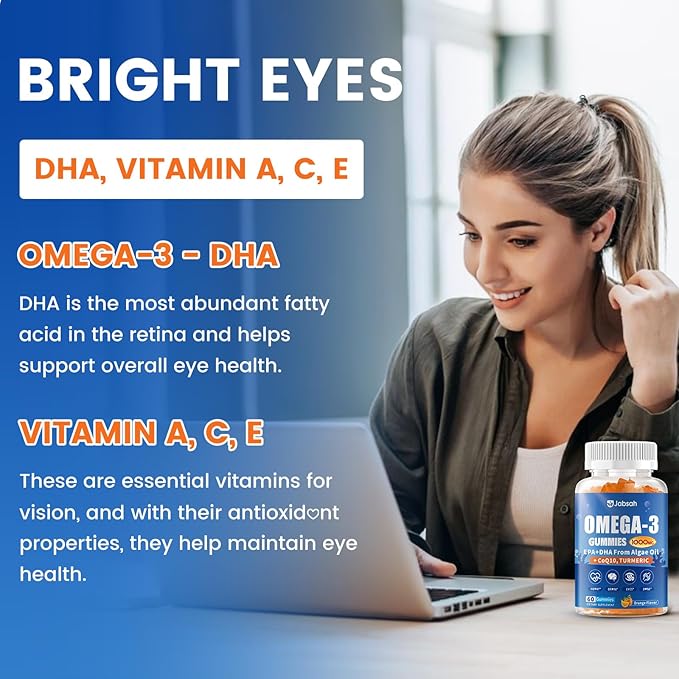Vegan Omega-3 Gummies 1000mg from Algae Oil (DHA 460mg & EPA 230mg), Omega 3 Fish Oil Alternative for Adults, Plus Turmeric & CoQ10 for Brain, Eye & Immune Health, No Fishy Taste, Sugar Free, 60 Cts