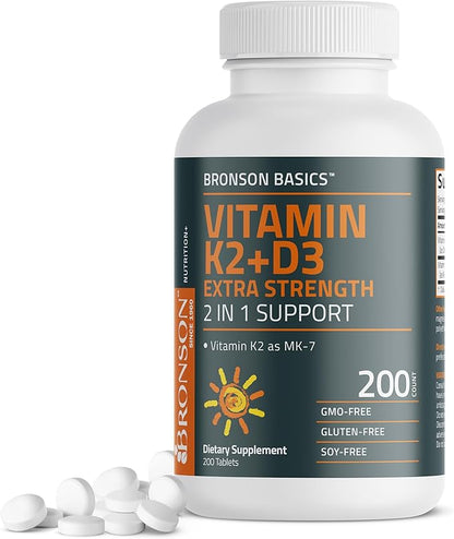 Bronson Vitamin K2 (MK7) with D3 Supplement Extra Strength 2 in 1 Support, 10,000 IU Vitamin D3 & 120 mcg K2 MK-7, 200 Tablets