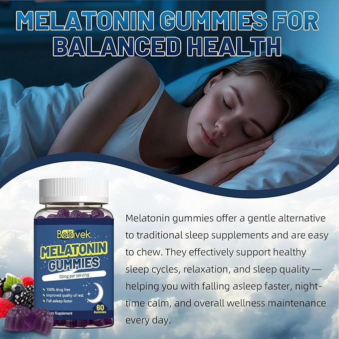 Melatonin 10mg Gummies for Sleep Support, Natural Berry Flavor, Non-GMO, Gluten Free, Vegan, 60 Count, 2 Month Supply – Bedtime Relaxation & Restful Sleep Aid
