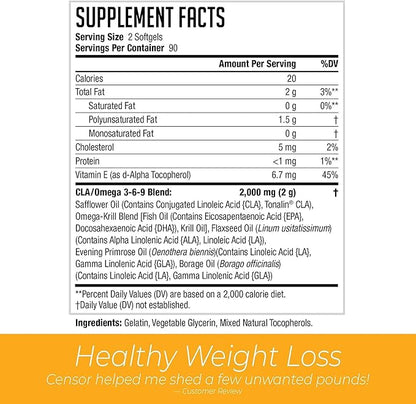 Censor NDS Nutrition Fat Loss and Body Toner with CLA, Fish Oil, Safflower and Omega 3-6-9 Blend - Dietary Supplement for Improved Energy, Metabolism and Health - 180 Softgels