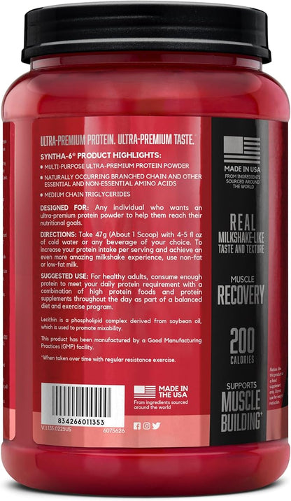 BSN SYNTHA-6 Premium Protein Powder with 6g of Fiber, Whey Isolate, Micellar Casein, Milk Protein Isolate, 6g of Fat, Strawberry Milkshake, 14 Servings, 1.45 Pound (Packaging May Vary)