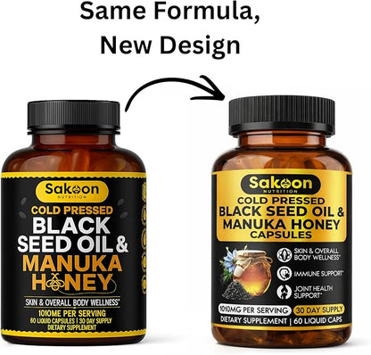 Black Seed Oil Capsules - With New Zealand Manuka Honey, Cold Pressed Turkish Nigella Sativa Oil, 2% Thymoquinone, Immune & Digestive Support, Made in USA, 60 Count, 1010mg per serving
