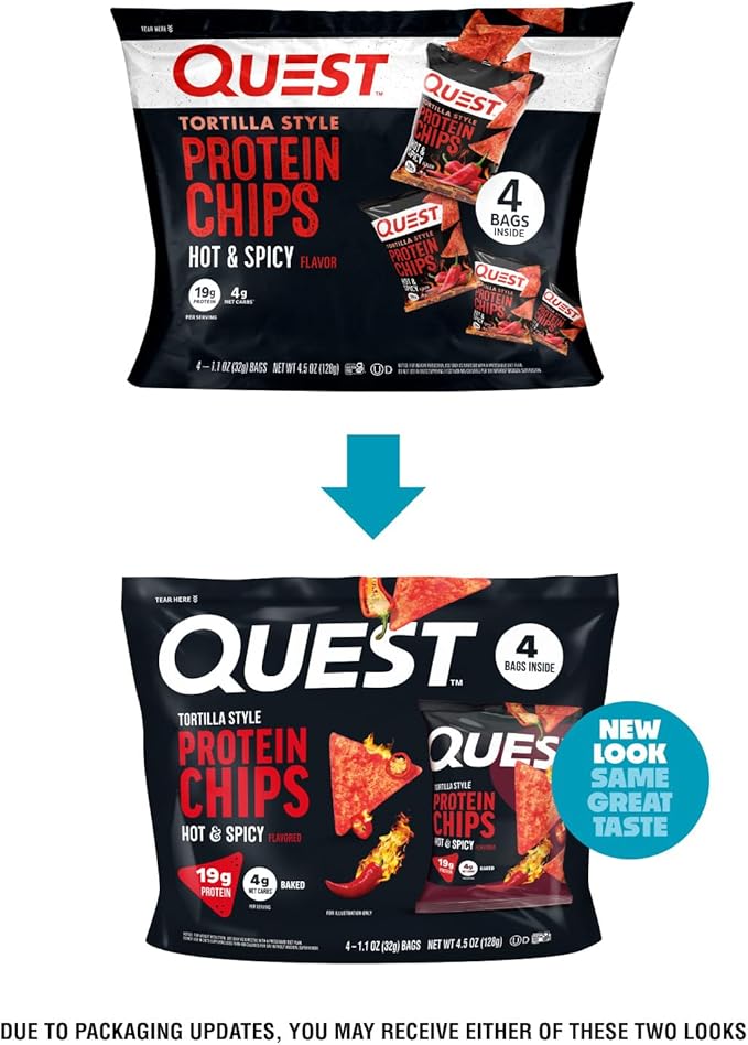 Quest Nutrition Tortilla Style Protein Chips, Hot & Spicy, 19g of Protein, 4g Net Carbs, High Protein, Gluten Free, 1.1 Ounce, 4 count