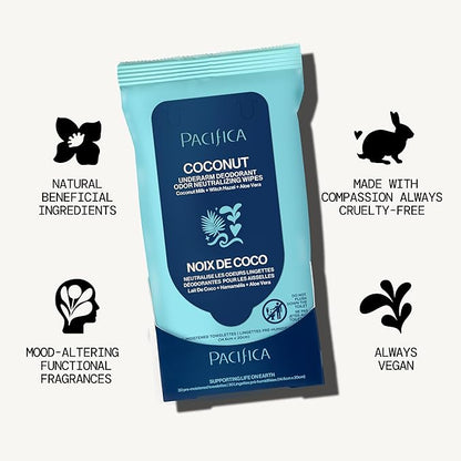 Pacifica Beauty Coconut Milk & Essential Oils Underarm Deodorant Wipes, Helps Remove Odor, Aluminum-Free, Vegan & Cruelty-Free, 30 Wipes (1-Pack)