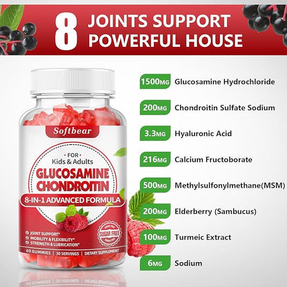softbear Glucosamine Chondroitin Gummies, Sugar Free Glucosamine Chondroitin MSM Supplement with Elderberry Turmeric Supports Joint Health & Antioxidant, Raspberry Flavored 60 Count