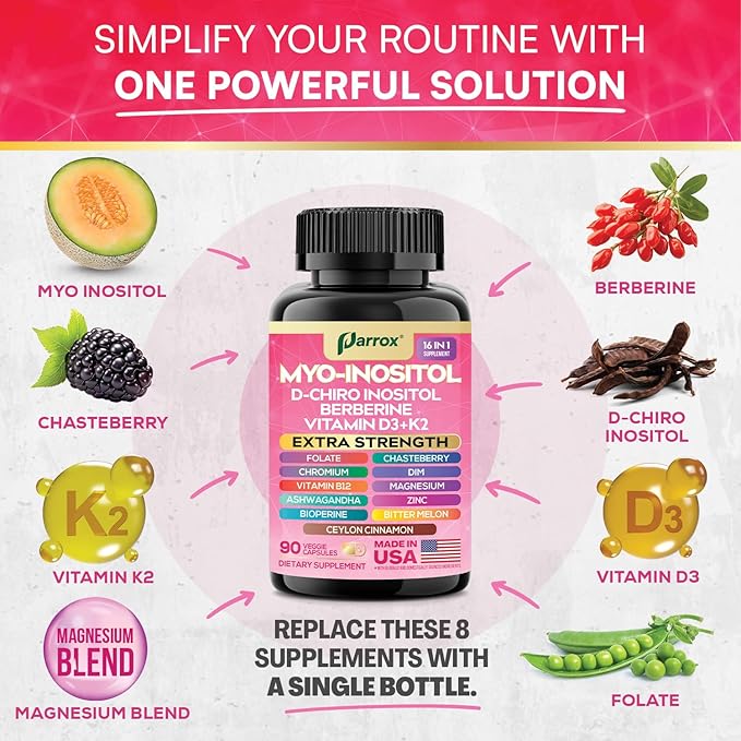 Myo-Inositol Supplement with D-Chiro Inositol, DIM, Berberine, Vitamin D3 + K2, Methylated B12, Chromium, Ceylon Cinnamon, Zinc, Ashwagandha, Chasteberry, Magnesium, Bioperine, Bitter Melon (2 Pack)