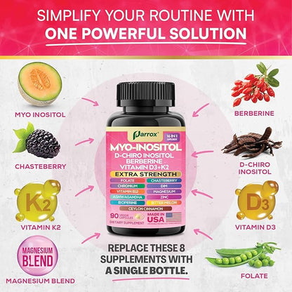 Myo-Inositol Supplement with D-Chiro Inositol, DIM, Berberine, Vitamin D3 + K2, Methylated B12, Chromium, Ceylon Cinnamon, Zinc, Ashwagandha, Chasteberry, Magnesium, Bioperine, Bitter Melon (2 Pack)