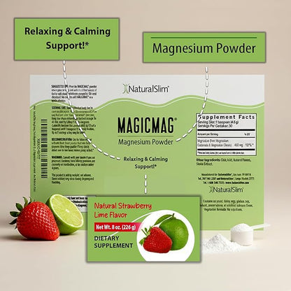 NaturalSlim MagicMag Magnesium Citrate Powder Drink for Relaxation, Stress, Constipation, Better Rest & Digestive Health, Magnesium Supplement for Women and Men, Strawberry & Lime Flavored 8oz