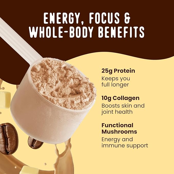FlavCity All in One Protein Shake Powder, Butter Coffee - 55mg Caffeine + Collagen Peptides, Reishi & Cordyceps - Focus, Skin, Hair & Joint Support - 100% Grass Fed Whey, 20 Servings