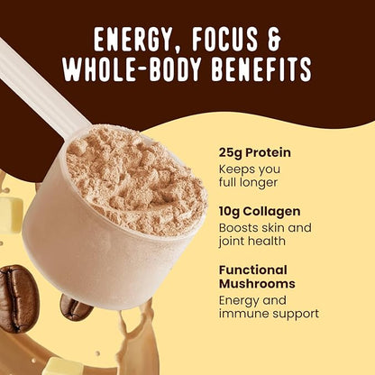 FlavCity All in One Protein Shake Powder, Butter Coffee - 55mg Caffeine + Collagen Peptides, Reishi & Cordyceps - Focus, Skin, Hair & Joint Support - 100% Grass Fed Whey, 20 Servings