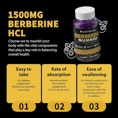 Nutravita Berberine Gummies with Ceylon Cinnamon 1500mg High Potency Berberine HCL Supplement for Immune and Metabolism Support, Sugar Free Organic Berberine Gummies Blueberry Flavor-1PACK