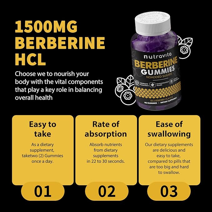 Nutravita Berberine Gummies with Ceylon Cinnamon 1500mg High Potency Berberine HCL Supplement for Immune and Metabolism Support, Sugar Free Organic Berberine Gummies Blueberry Flavor-2PACK