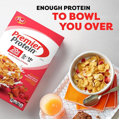 Premier Protein Mixed Berry Almond Cereal, Protein Cereal Flakes Mixed with Dried Berries and Sliced Almonds, Contains 20g of Protein Per Serving, 9 OZ Box