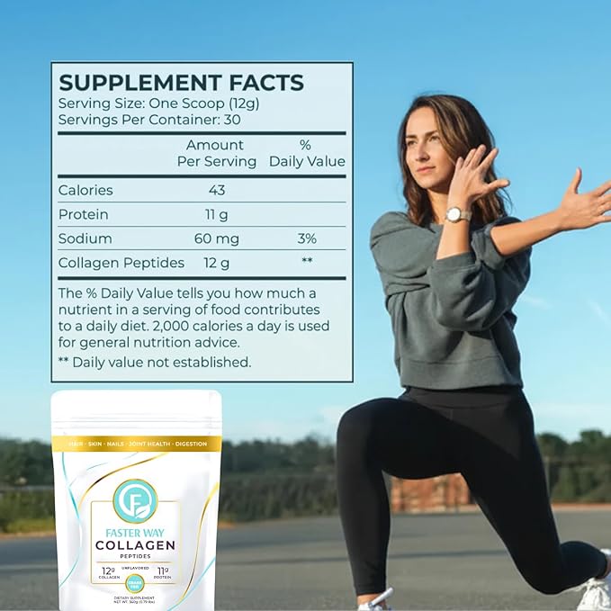 Faster Way - Collagen Peptides - 12g Hydrolyzed Collagen + 11g Protein Per Serving - Hair, Skin & Nails - Amino Acids - Grass-Fed - Sugar, Gluten & Dairy Free - Non-GMO -Unflavored Powder -30 Servings