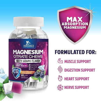 Magnesium Citrate Chews Supplement - High Absorption Magnesium Gummies Supplement - Vegan Mag Citrate Soft Chews Gummy for Adults - Relaxation & Calm Support - Delicious Grape Flavor - 60 Gummies