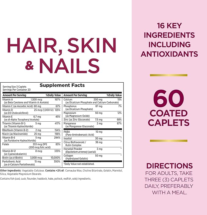Nature's Bounty Optimal Solutions Hair, Skin & Nails Formula, with 3,000 mcg Biotin, 20 Total Servings, 60 Coated Caplets (Pack of 2)