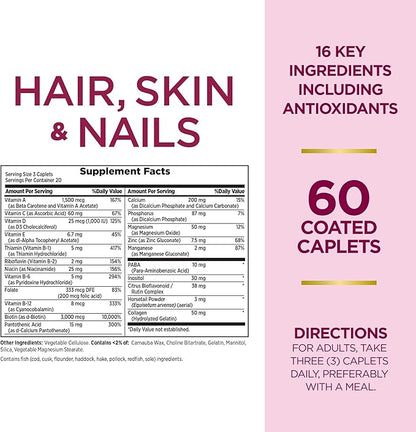 Nature's Bounty Optimal Solutions Hair, Skin & Nails Formula, with 3,000 mcg Biotin, 20 Total Servings, 60 Coated Caplets (Pack of 2)