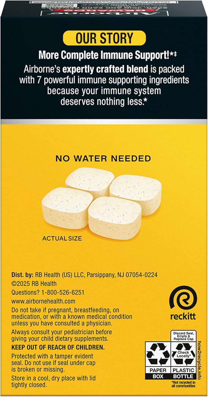 Airborne Vitamin C 1000mg (per Serving) - Citrus Chewable Tablets (96 Count in a Box) - Packaging May Vary
