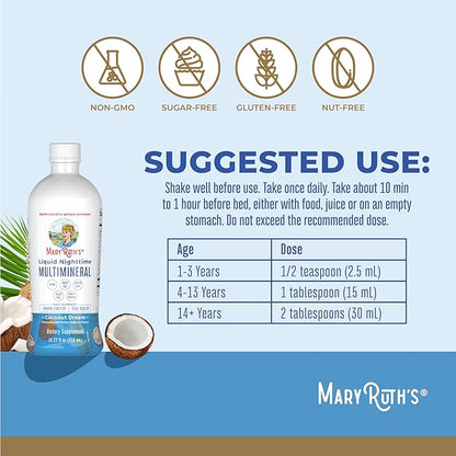 MaryRuth's Liquid Nighttime Multimineral | No Melatonin | Bedtime Routine | Magnesium Citrate | Calcium | Zinc | Vitamin D3| Available in 4 Flavor - Vegan | Sugar Free | Gluten Free | 15.22 Oz