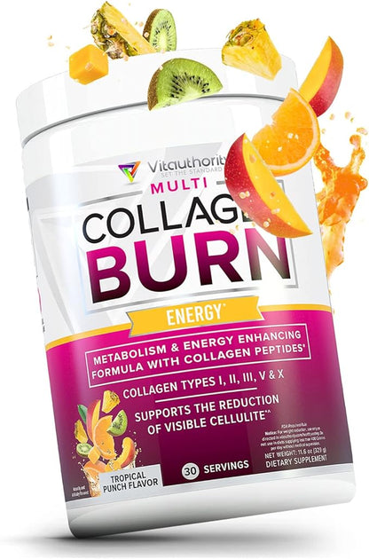 Multi Collagen Burn: MultiType Hydrolyzed Protein Peptides with Hyaluronic Acid, Vitamin C, SOD B Dimpless, Types I, II, III, V and X, with Caffeine 30 Servings Tropical Punch Flavored