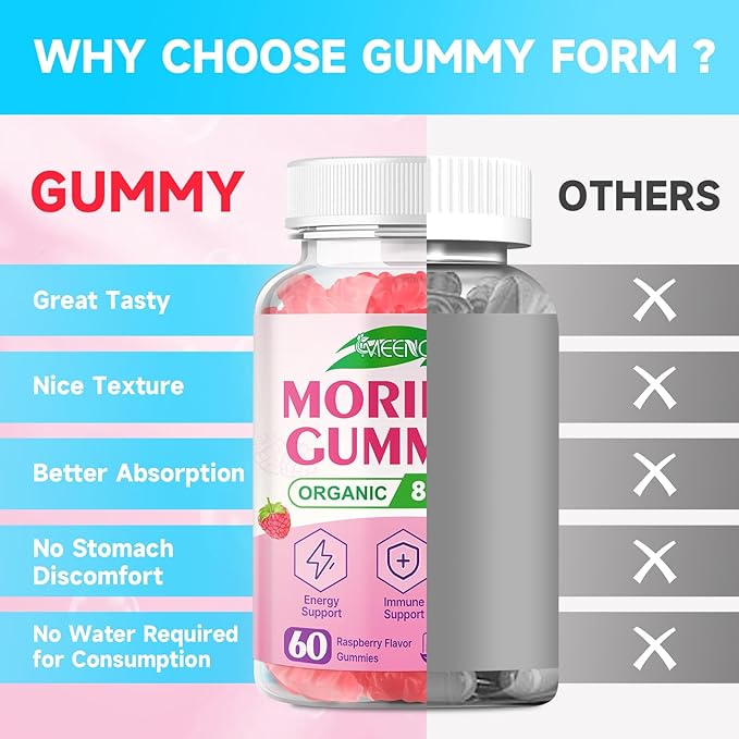 Moringa Gummies - Pure Moringa Leaf Supplement for Adults, Contains Essential Vitamins, Antioxidants & Amino Acids, Sugr-Free, Raspberry Flavor, 60 Count