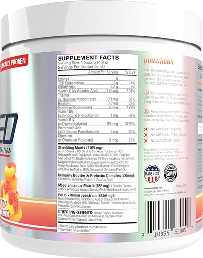 EHP Labs OxyShred Pre Workout Powder - Preworkout Powder with L Glutamine & Acetyl L Carnitine, Energy Boost Drink - Peach Candy Rings, 60 Servings