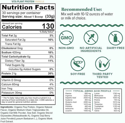 Organic Plant Based Protein for Women Complete Vegan Protein Powder with BCAAs & MCTs Plant-Based 21g, Dairy-Free, Gluten-Free, No Added Sugar, Supports Muscle Recovery (Vanilla Flavored, 30 Servings)
