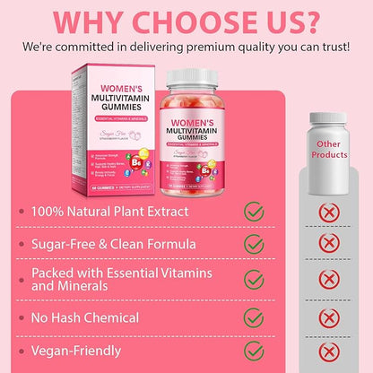 Sugar-Free Women's Multivitamin Gummies – with Inositol, Iron, Biotin, Vitamin D3 & K2 – Supports Energy, Immunity, Hair, Skin & Nails – Vegan, Non-GMO, Gluten-Free – 60 Count 30 Day Supply