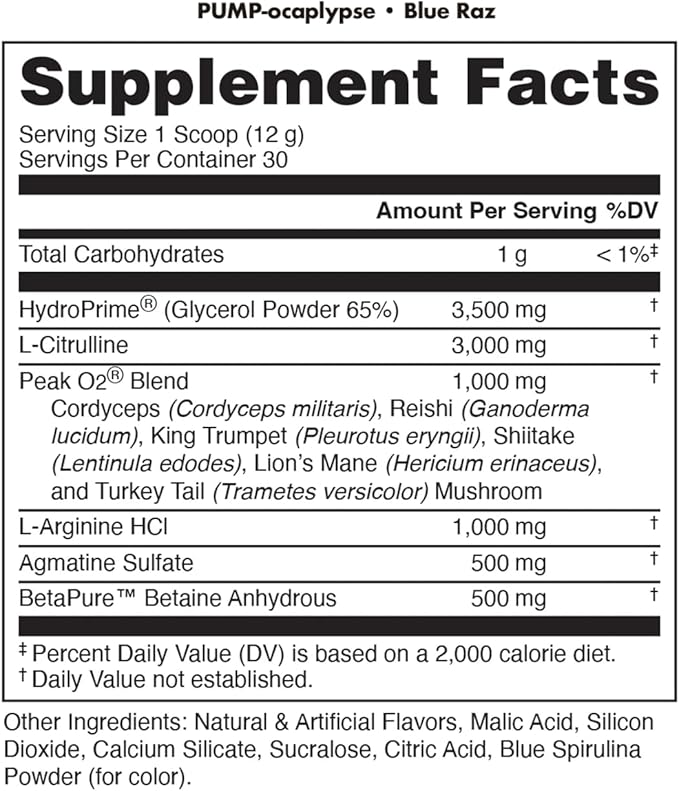 Pump-ocalypse Blue Raz | Nitric Oxide and L Arginine Supplement with Citrulline Malate, GlycerPump | Ultimate N.O. Booster | Lean Muscle Support for Blood Flow, Vascularity, Hydration and Endurance