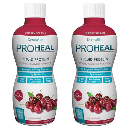 DermaRite's ProHeal Protein Supplement - Liquid Protein Wound Recovery Formula, 15g of Collagen & Whey Protein - Cherry Splash Flavor, 30 oz., 2 Count
