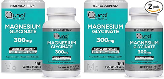 Qunol Magnesium Glycinate 300mg,100% Glycinate Chelated Magnesium Supplement,150ct Tablets,(Pack of 2)