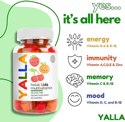YALLA Halal Vitamins for Kids, Halal Kids Multivitamin Gummies, 45-90 Day Supply, Essential Vitamins with C, D3, Zinc for Immunity, B6 B12 for Energy, ISA Certified, Gelatin Free