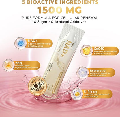 NAD+ Liquid Supplement 1500mg - NAD Nicotinamide Riboside & Resveratrol with PQQ CoQ10, NAD Plus Help Support Absorption - Boosts Cellular Energy, Overall Vitality for Women & Men (30 Packets)