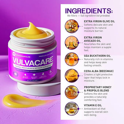 Pharmapulse Vaginal Moisturizer, Vulva Balm Cream, Intimate Skin Care, Menopause Support - Relieves Dryness, Itching, Burning, Redness, Chafing, Odor, Irritation - Estrogen Free 2oz