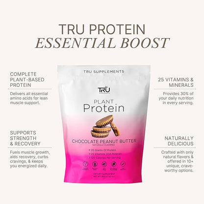 TRU Supplements Plant Based Protein Powder, BCAA, EAA, 20g Vegan Brown Rice & Pea Protein, 100 Calories, 27 Vitamins, No Artificial Flavors 25 Servings (Chocolate Peanut Butter)