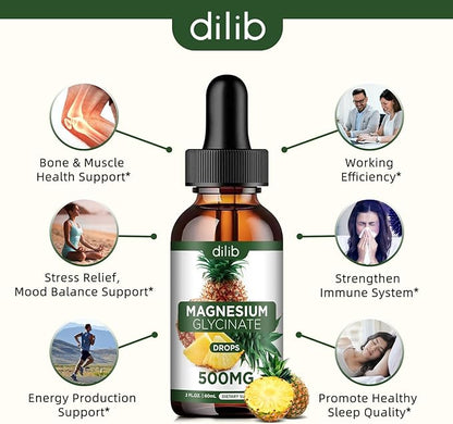 Magnesium Glycinate Supplement, Liquid Magnesium Glycinate Liquid Drops 500mg-Support Stress Relief, Relaxation, Mood, Sleep, Bone & Muscle-2 Fl Oz, Vegan, Pineapple Flavor