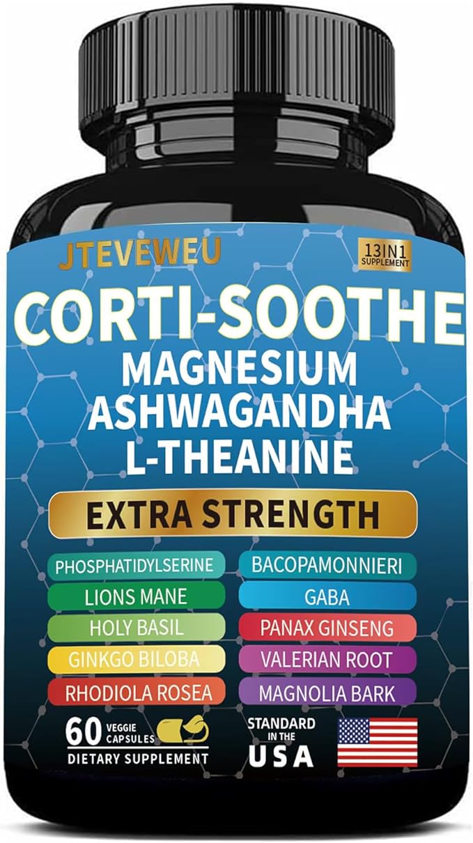 Corti-Soothe Cortisol Supplement for Women and Men with Magnesium Glycinate 200mg, L-Theanine 150mg, Phosphatidylserine 50mg & Manager Holy Basil Ginkgo Biloba Bacopa Monnieri Valerian 60 Capsules
