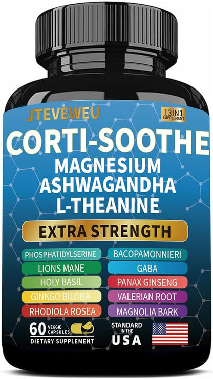 Corti-Soothe Cortisol Supplement for Women and Men with Magnesium Glycinate 200mg, L-Theanine 150mg, Phosphatidylserine 50mg & Manager Holy Basil Ginkgo Biloba Bacopa Monnieri Valerian 60 Capsules