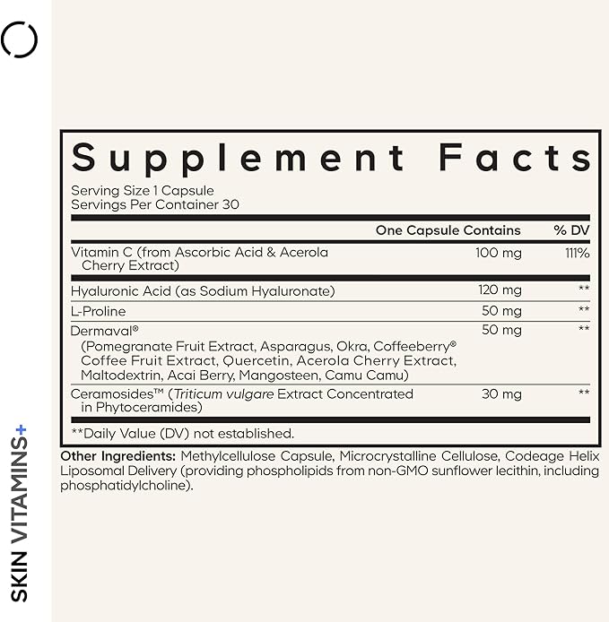 Codeage Skin Vitamins+ Supplement – Ceramosides, Dermaval, Hyaluronic Acid, Coffeeberry, Vitamin C – Skin Elasticity, Wrinkle & Moisture Support – Liposomal Delivery – Non-GMO, 30 Capsules