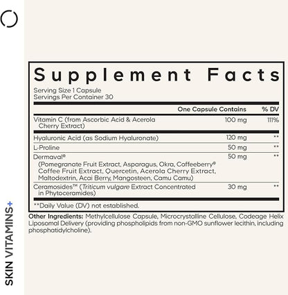 Codeage Skin Vitamins+ Supplement – Ceramosides, Dermaval, Hyaluronic Acid, Coffeeberry, Vitamin C – Skin Elasticity, Wrinkle & Moisture Support – Liposomal Delivery – Non-GMO, 30 Capsules