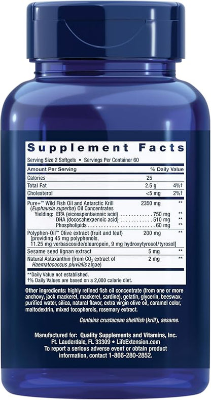 Life Extension Super Omega-3 Plus EPA/DHA Fish Oil, Sesame Lignans, Olive Extract, Krill & Astaxanthin - Heart, Brain & Joint Health Support - Gluten-Free, Non-GMO - 120 Softgels