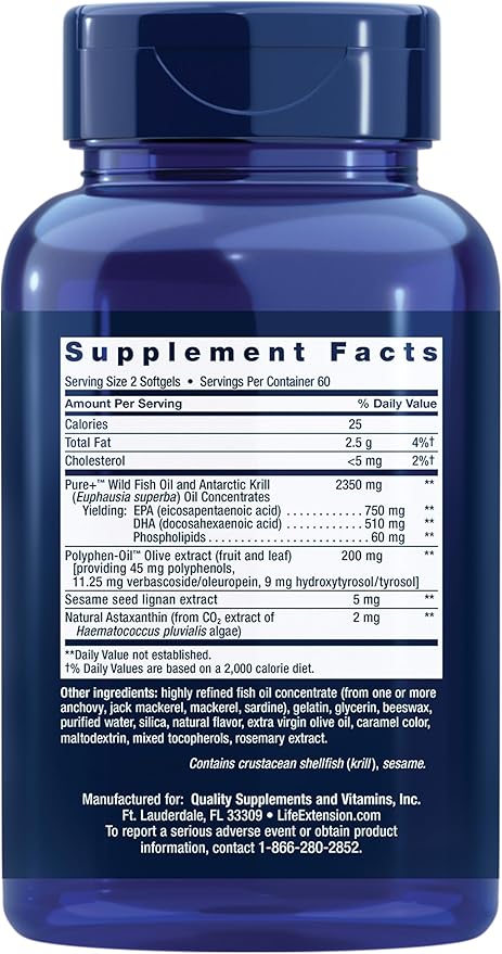 Life Extension Super Omega-3 Plus EPA/DHA Fish Oil, Sesame Lignans, Olive Extract, Krill & Astaxanthin - Heart, Brain & Joint Health Support - Gluten-Free, Non-GMO - 120 Softgels,(Pack of 2)