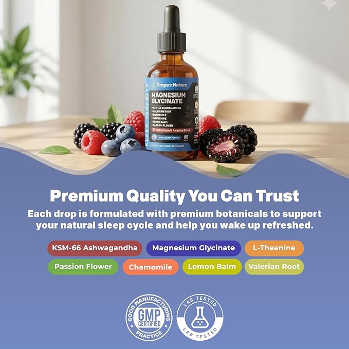 Magnesium Glycinate & Ashwagandha Liquid Drops with Valerian Root, Chamomile, Passion Flower, Lemon Balm & L-Theanine - Vegan Fast Absorption - Supplement for Wellness & Relaxation (Mixed Berry, 60mL)